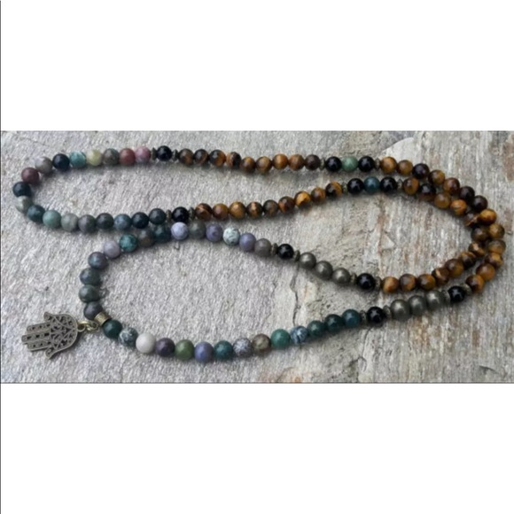 Mixed gemstone Mala with bronze Hamsa - Picture 4 of 6